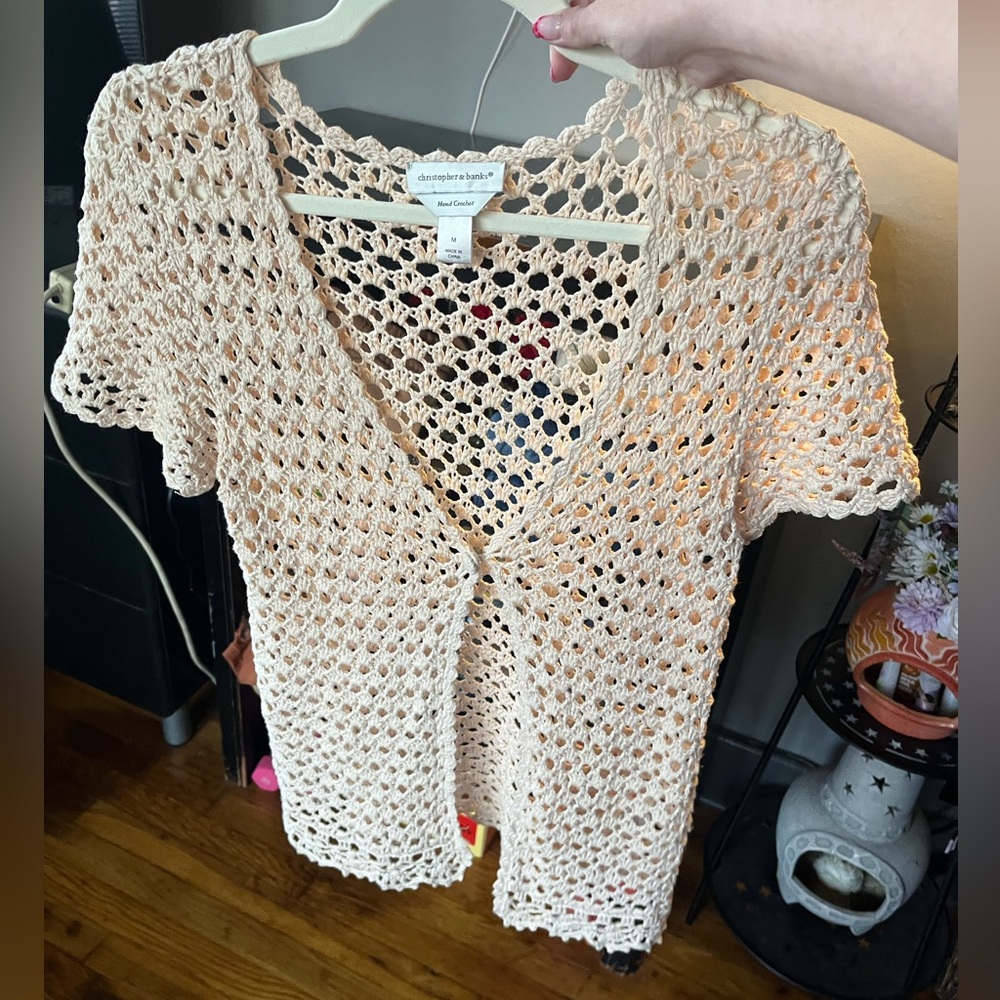 Christopher & Banks Hand-Crocheted Cream Short Sleeve Cardigan - Picture 3 of 8